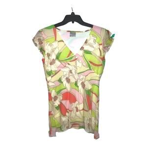 Vintage Y2K Taylor B. Moss Green Loose Lettuce Hem Floral Split Sleeve Blouse L